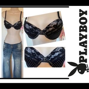 NWT Vintage Y2K Retro VTG Playboy Bunny Lace Polka Dot Pin Up Push Bra